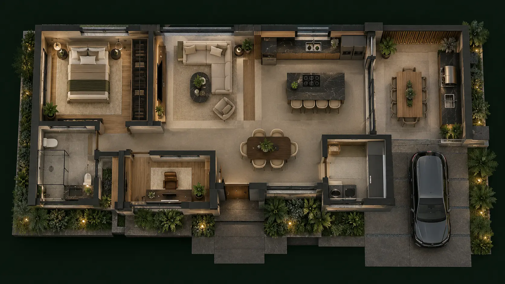 Planta arquitetônica tridimensional de uma residência contemporânea