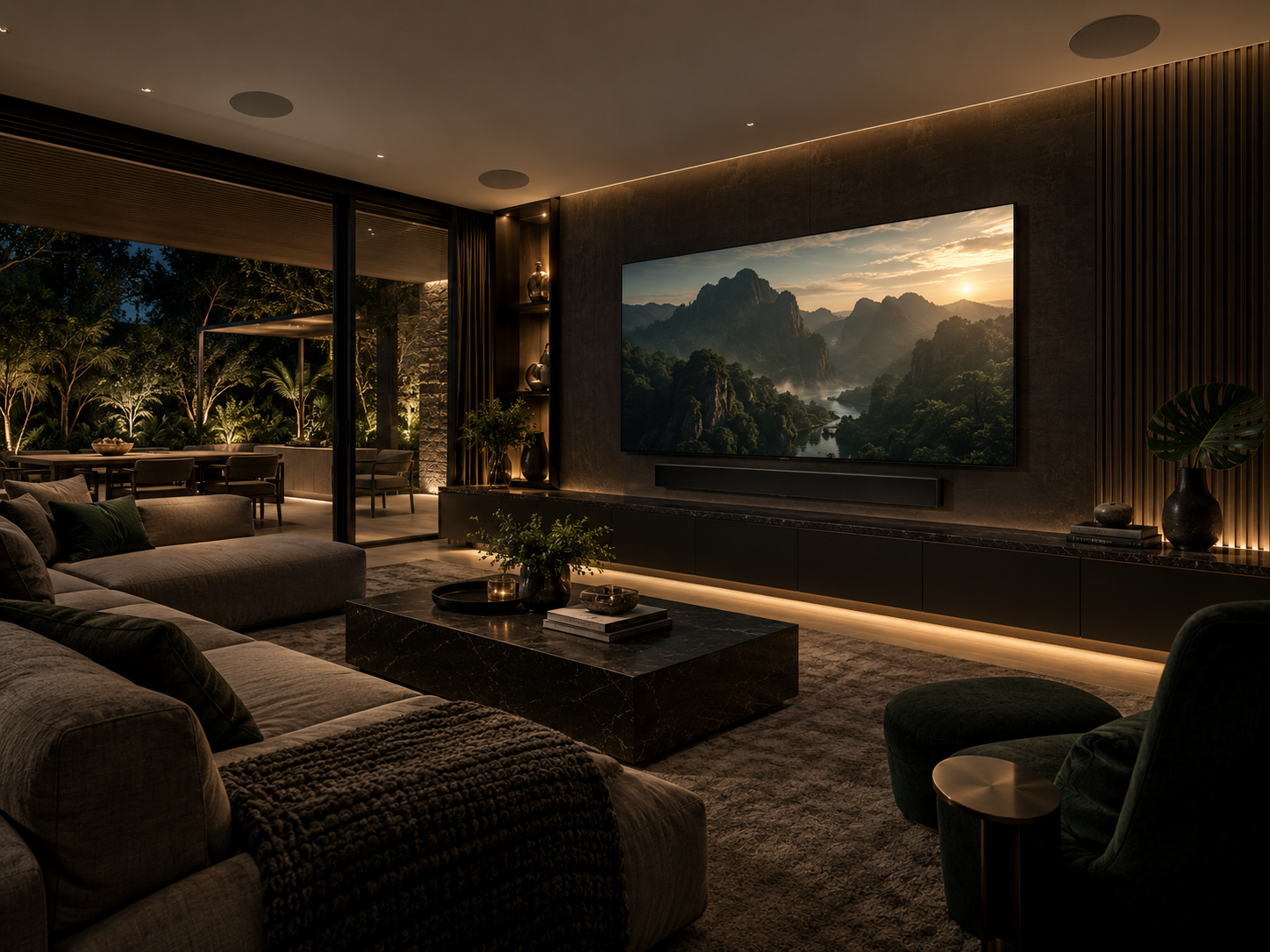 Ambiente com televisão, soundbar e caixas de som embutidas