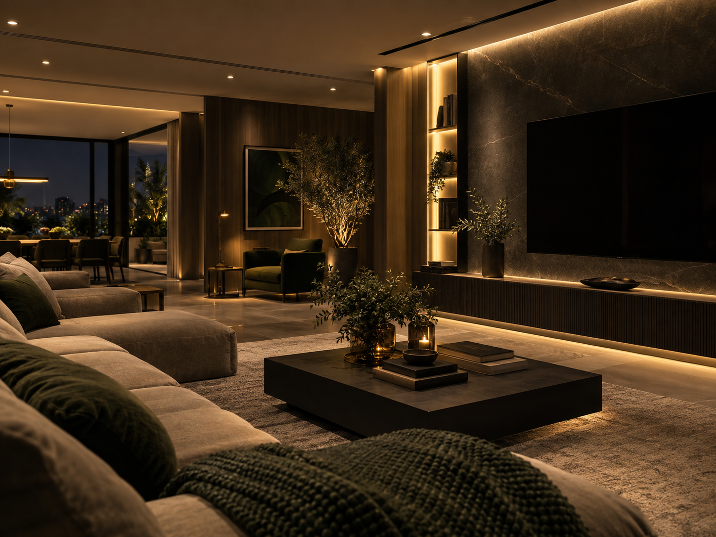 Sala sofisticada com iluminação arquitetural inteligente