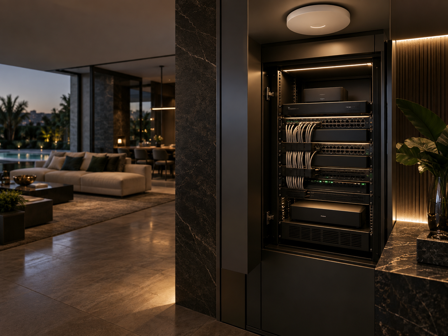 Rack residencial organizado para rede e conectividade
