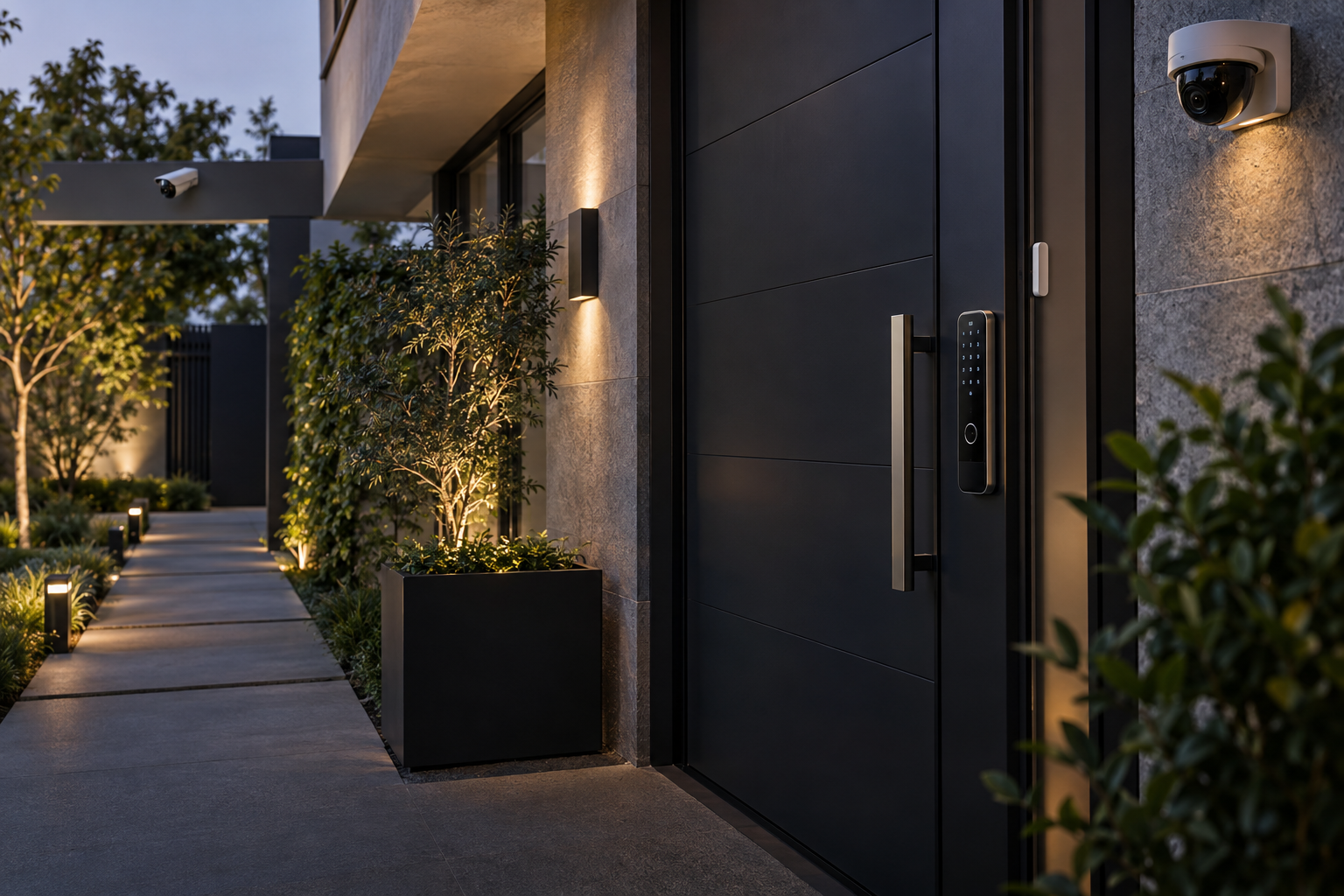Entrada residencial com fechadura inteligente e câmera de segurança